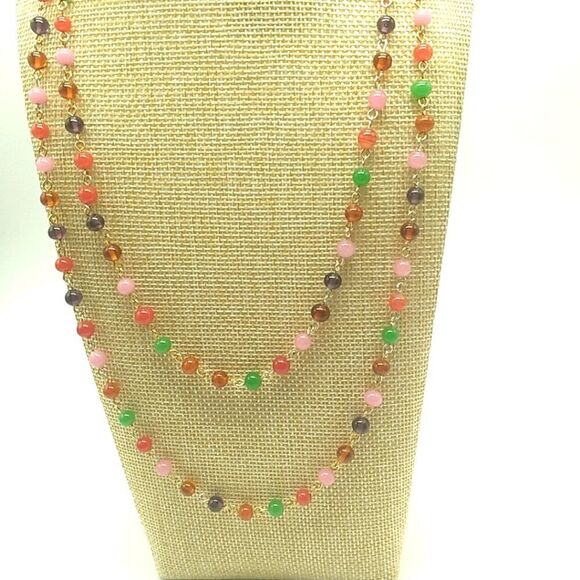 Long Multi-color Small Glass Beaded Necklace 46 inches Spring Ring - Picture 13 of 14